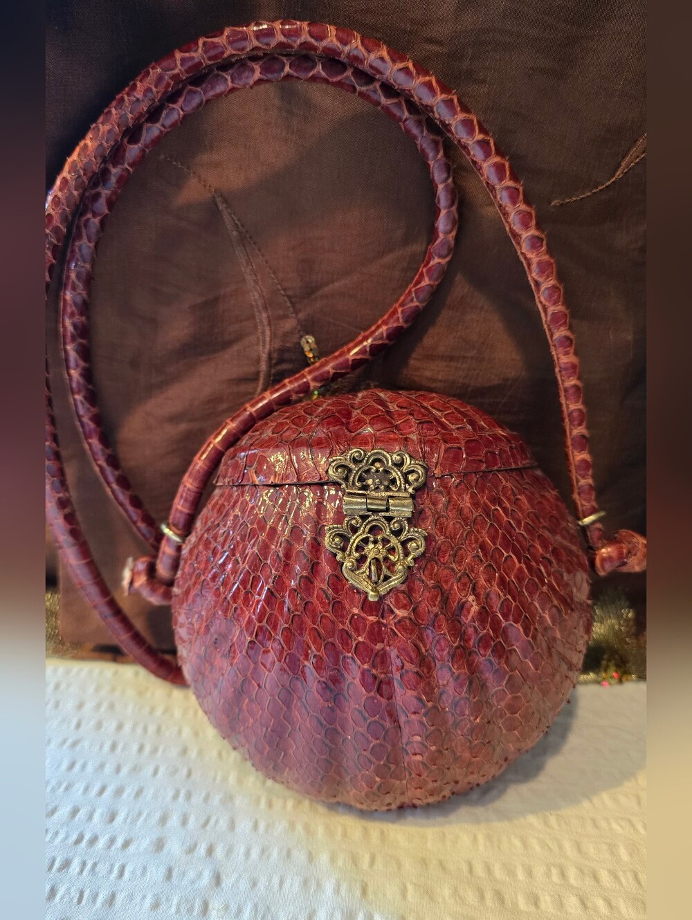 Vintage Red Snakeskin Round Crossbody Bag with Antique Gold Clasp